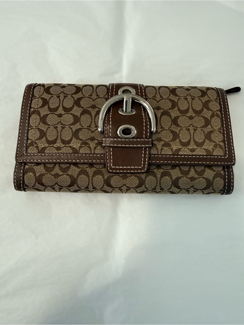 Coach Brown Signature Canvas Wallet with Silver Buckle